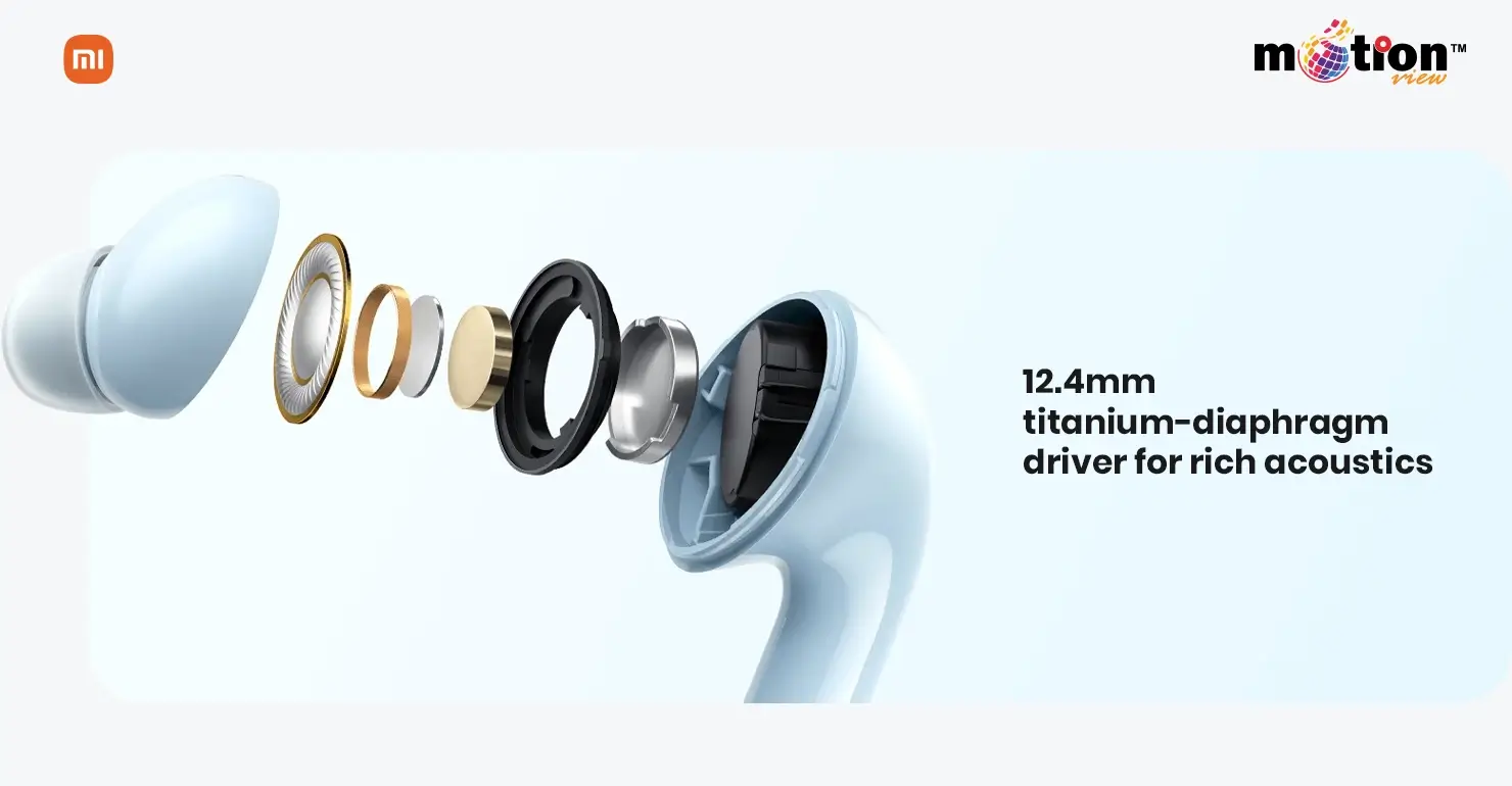 Internal component view of Redmi Buds 6 Lite featuring a 12.4mm titanium-diaphragm driver for rich acoustics.