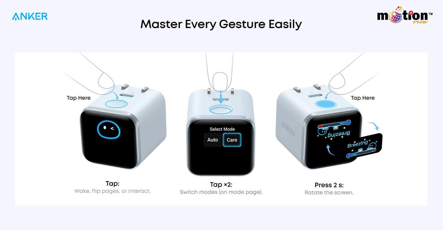 Tutorial of Anker Nano Charger touch gestures for waking the screen, switching modes, and rotating the display.