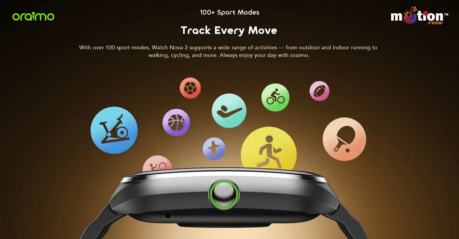 Side profile of the oraimo Watch Nova 2 with colorful floating activity icons representing its 100+ supported sport and fitness modes.