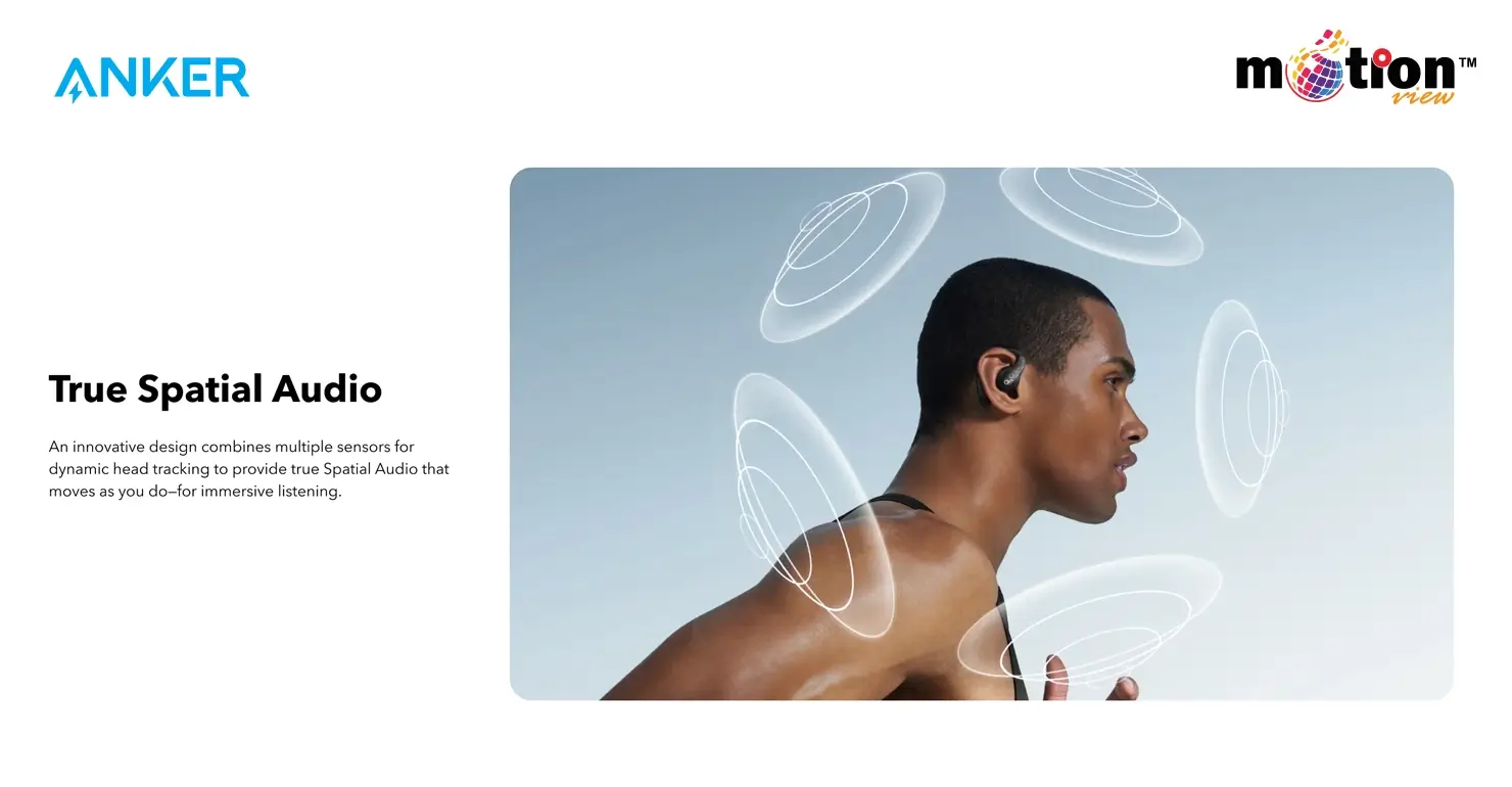 Soundcore AeroFit Pro True Spatial Audio with dynamic head tracking for immersive 360-degree listening.