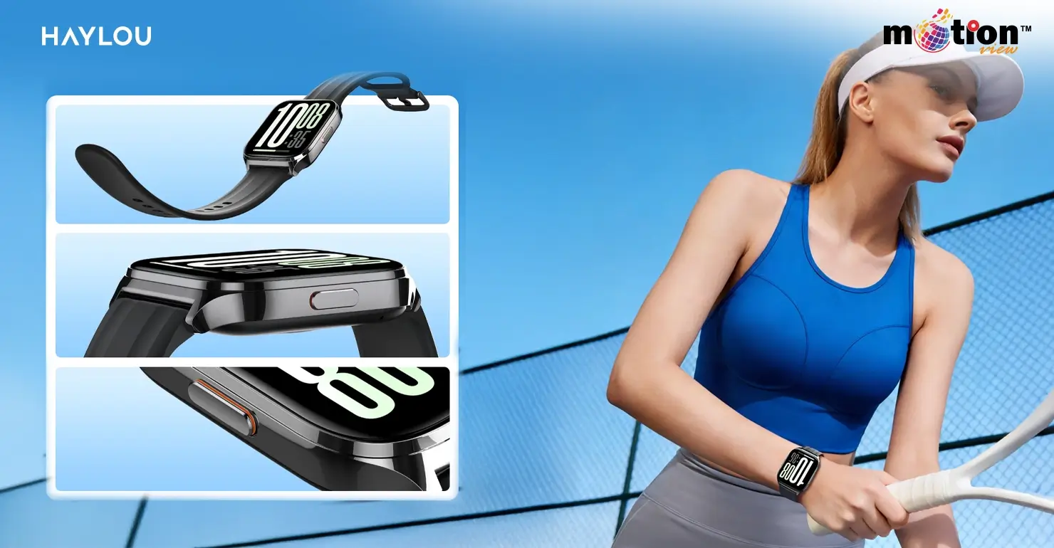 Woman playing tennis wearing a black HAYLOU Watch 3 smartwatch
