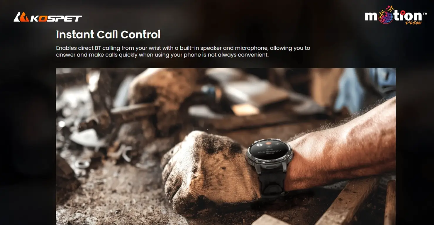 KOSPET Tank T4C rugged smartwatch on dusty worker wrist with instant call control feature