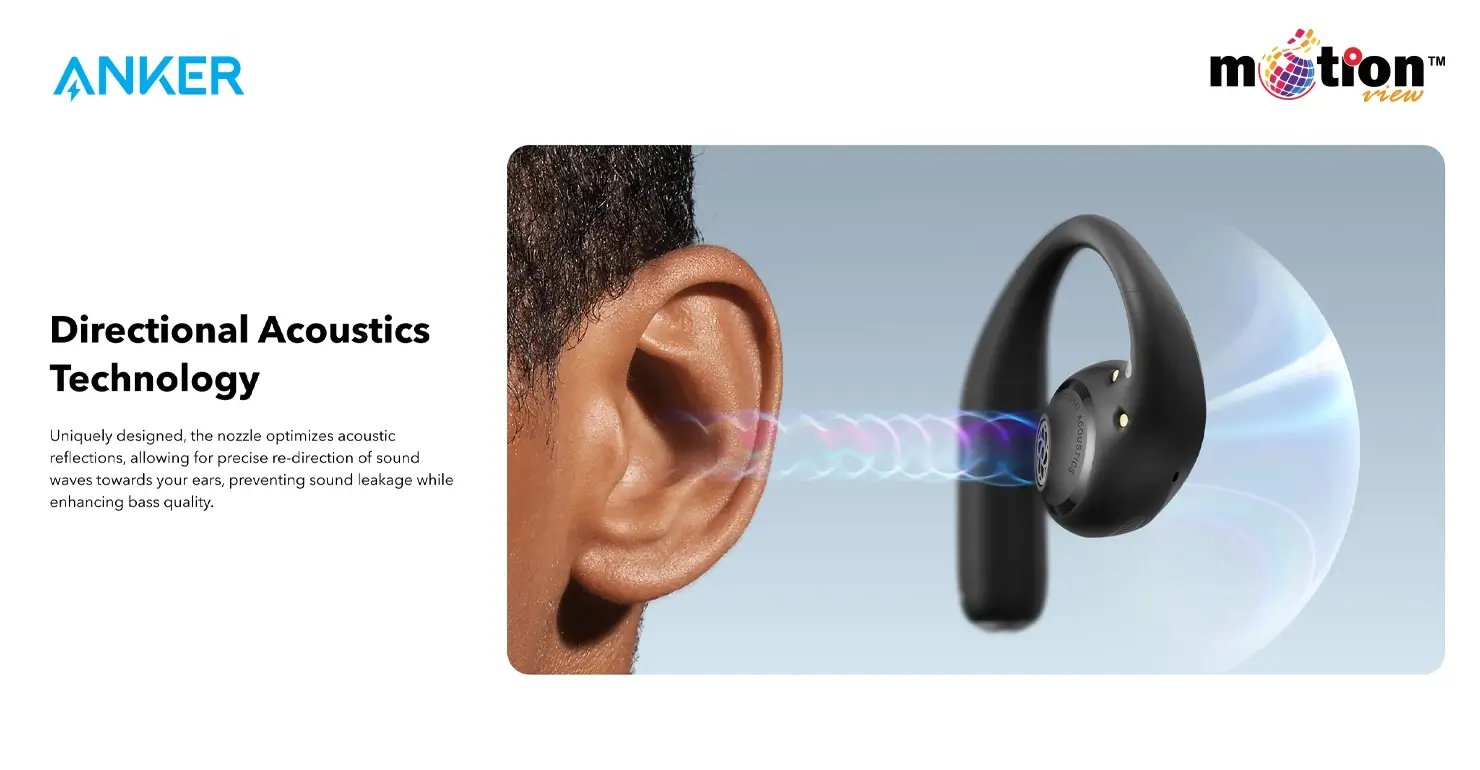 Soundcore AeroFit Pro directional acoustics technology nozzle design to prevent sound leakage and enhance bass.