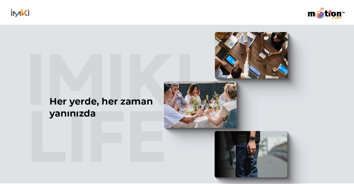 Lifestyle images of people wearing the IMIKI MB1 smartwatch during daily activities.