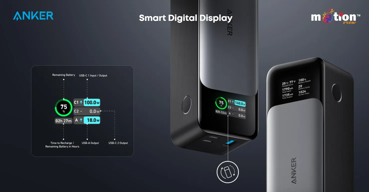 Detailed view of the smart digital display on the Anker 737 PowerCore 24K showing real-time input, output, and battery metrics