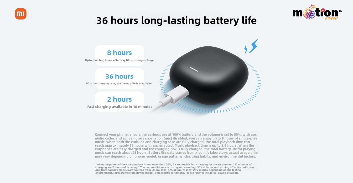 Charging performance of Redmi Buds 8 Youth Edition showing 36 hours total battery life and 10-minute fast charging.