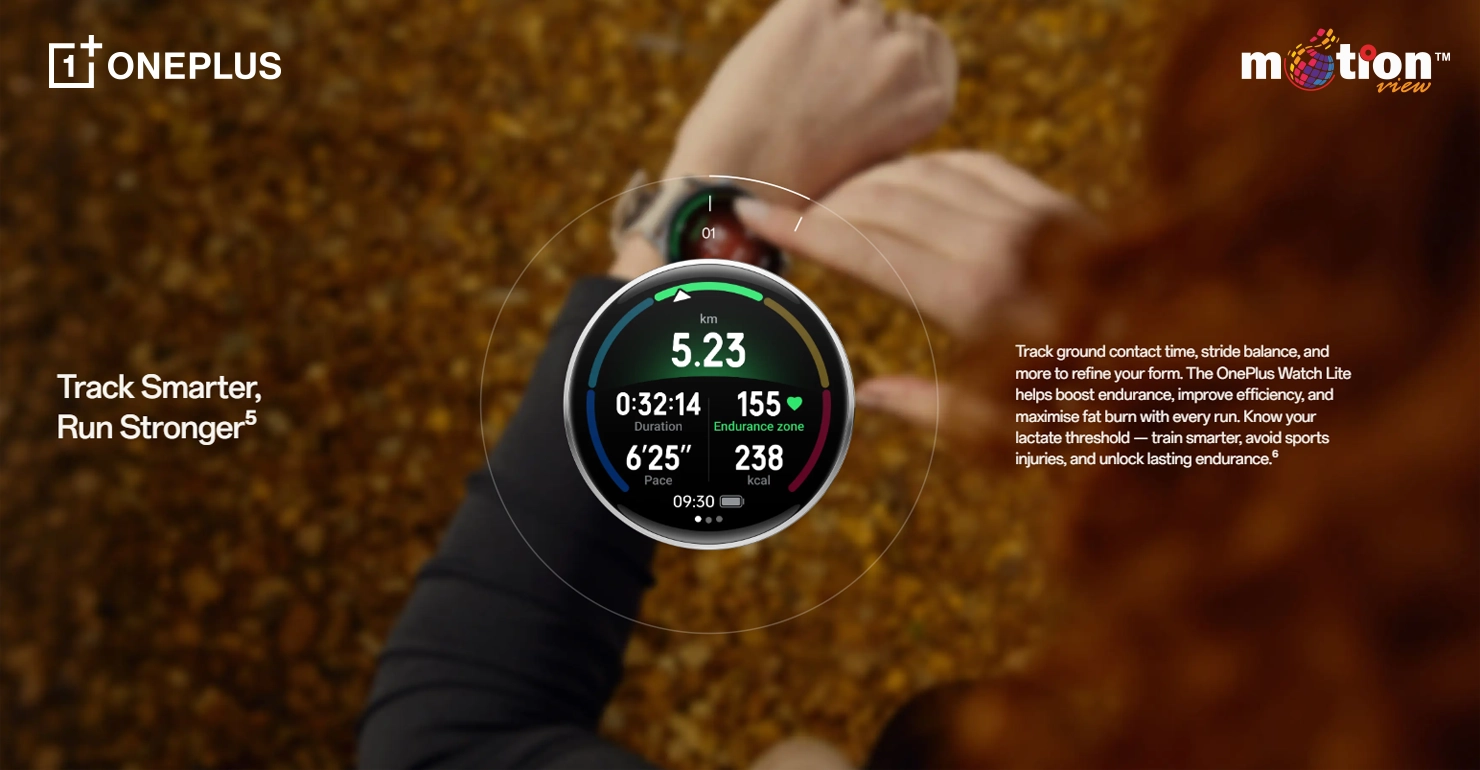Smart running metrics on OnePlus Watch Lite including stride balance, ground contact time, and endurance zones.