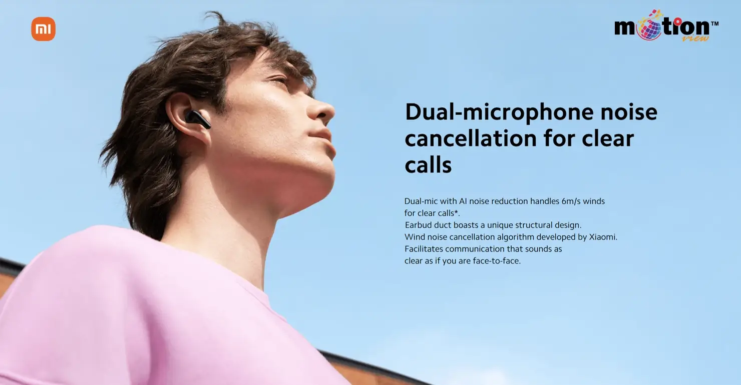 Close-up of Redmi Buds 6 Lite dual-microphone noise cancellation for clear calls in windy conditions up to 6m/s.