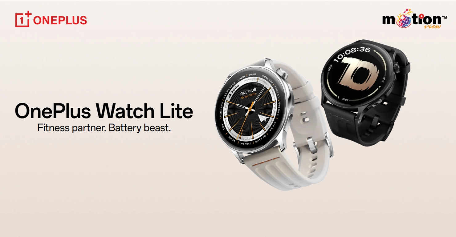 OnePlus Watch Lite fitness smartwatch in silver and black colors featuring a circular dial and premium straps.