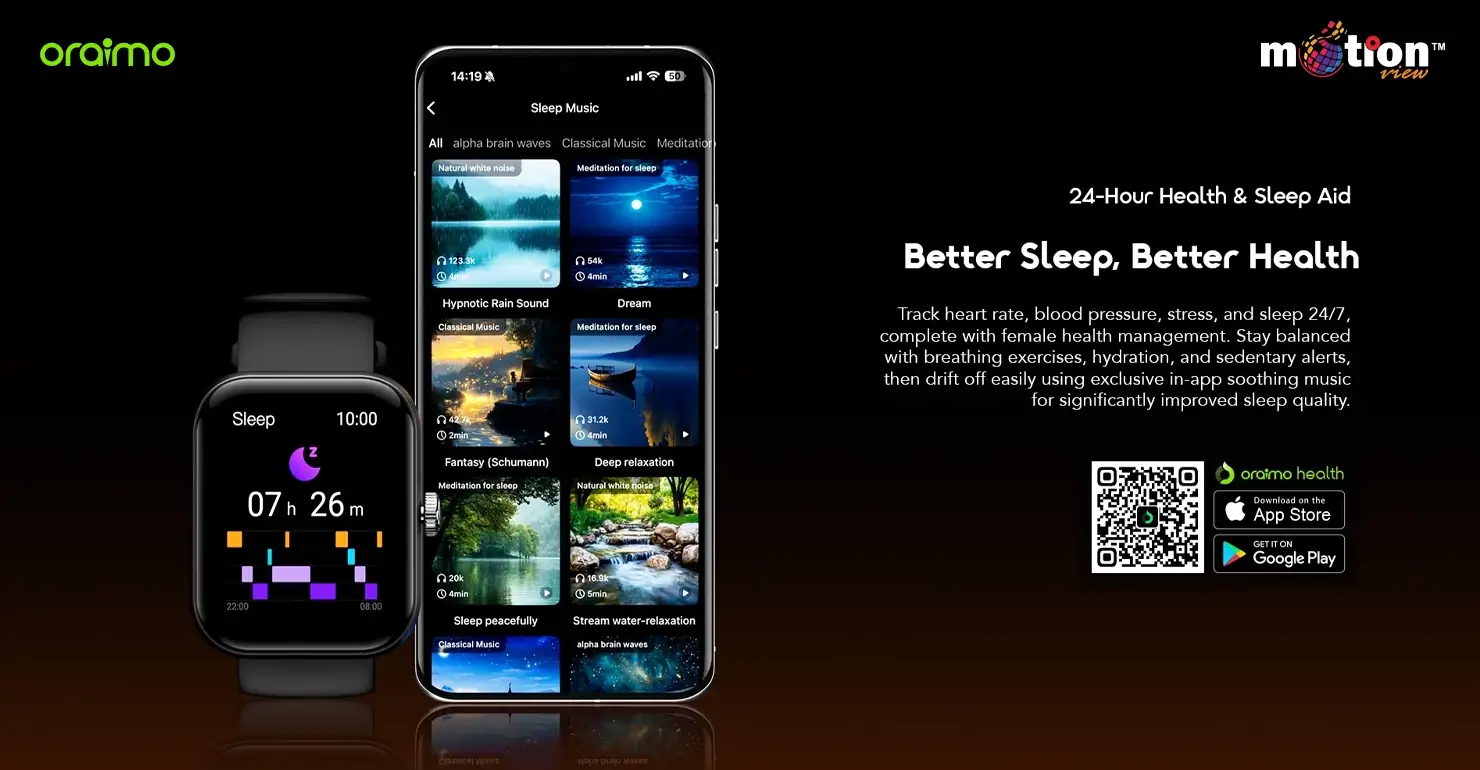 24-hour health monitoring and soothing sleep aid music features shown on the oraimo Watch Nova 2N OSW-815N and companion app