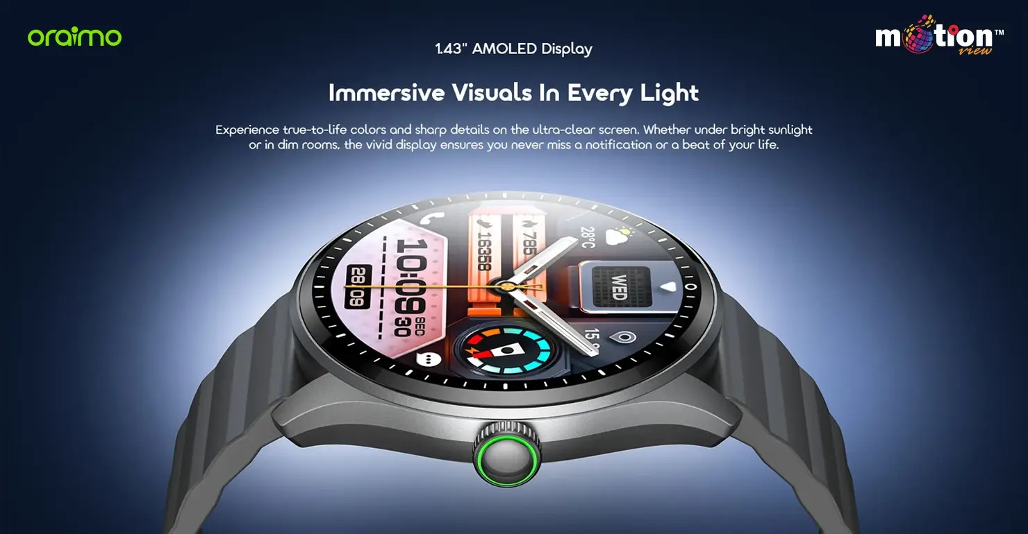 Close-up of the vivid 1.43-inch AMOLED display on the oraimo Watch Nova 2R Lite OSW-824 showcasing sharp details and true-to-life colors