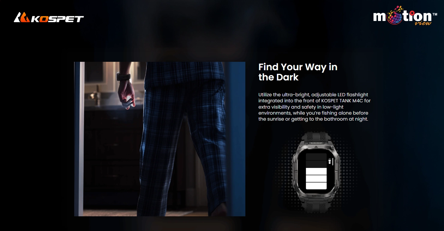 KOSPET TANK M4C Smartwatch featuring an ultra-bright adjustable LED flashlight for visibility in the dark