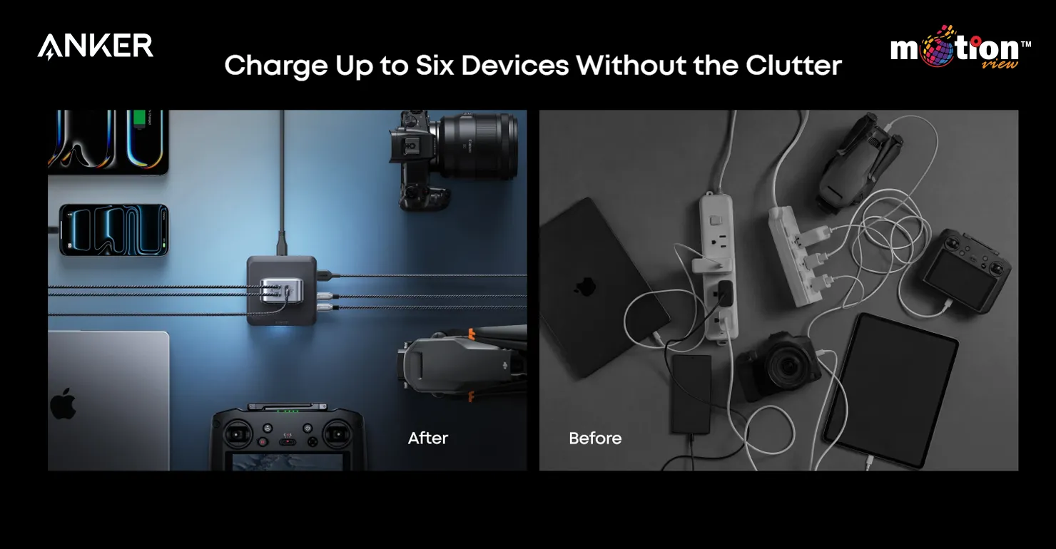 Before and after comparison showing the Anker Prime Charging Base reducing desk cable clutter for multiple devices