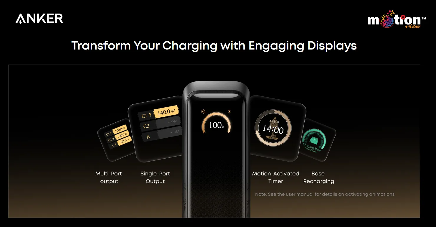 Showcase of the various engaging, custom-themed digital display screens on the Anker Prime 20K 220W Wukong Edition, including port outputs, timers, and base recharging status