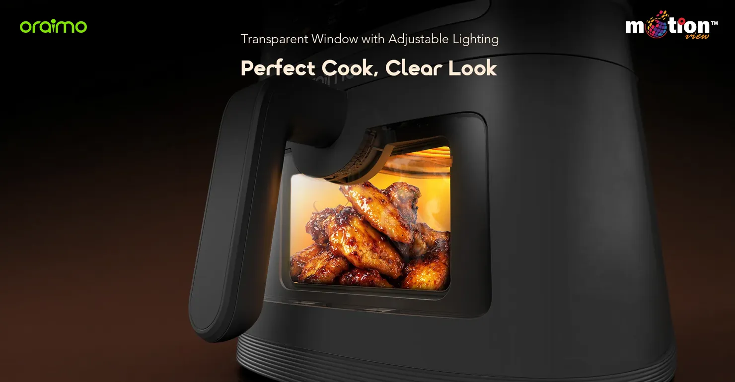 Close-up of the Oraimo NutriFry S1 Ultra's transparent viewing window with adjustable internal lighting, clearly showing crispy chicken wings cooking inside the basket.