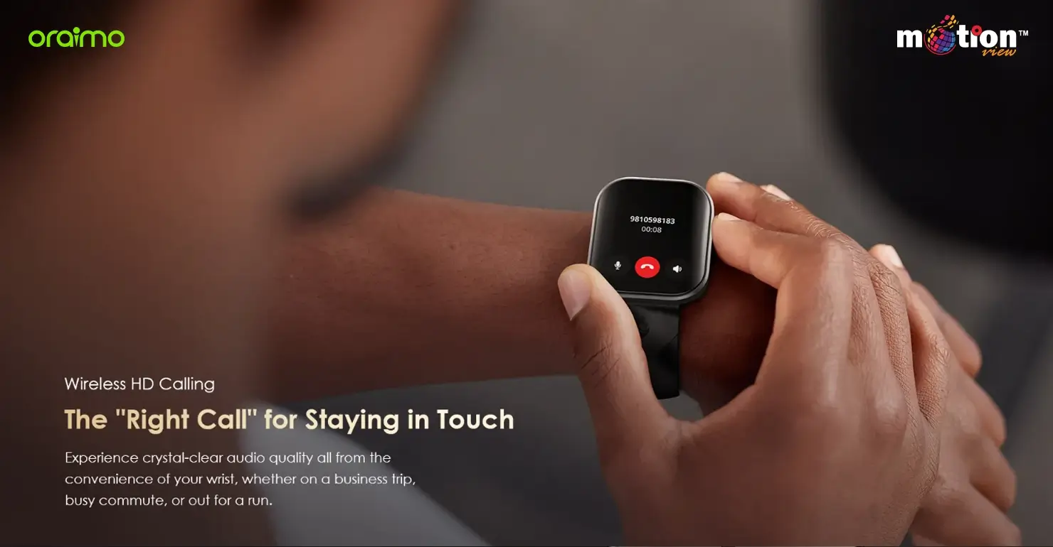 A user answering a phone call directly from their wrist using the Wireless HD Calling feature on the oraimo Watch Pro AM.