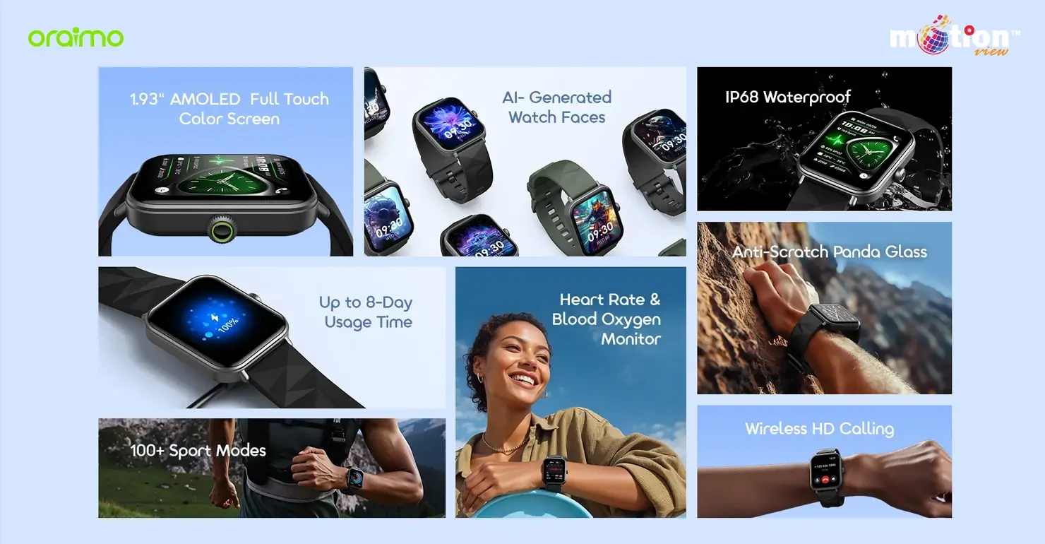 Overview of key features for the oraimo Watch Nova 2 Lite OSW-814L including a 1.93-inch AMOLED screen, HD calling, and 8-day battery