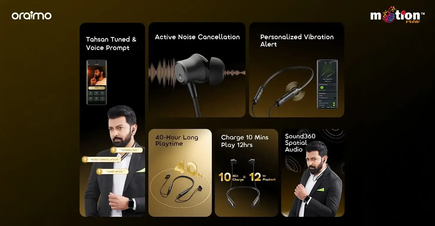 Feature summary grid for oraimo Necklace 5 including ANC, battery life, and spatial audio.