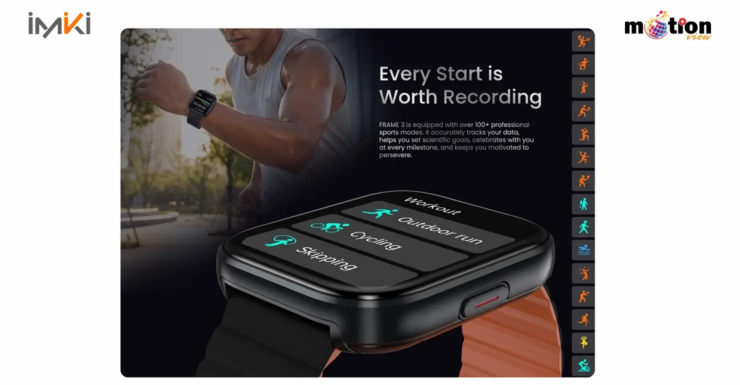 Imiki Frame 3 Smartwatch sports modes showing over 100 professional workout tracking options.