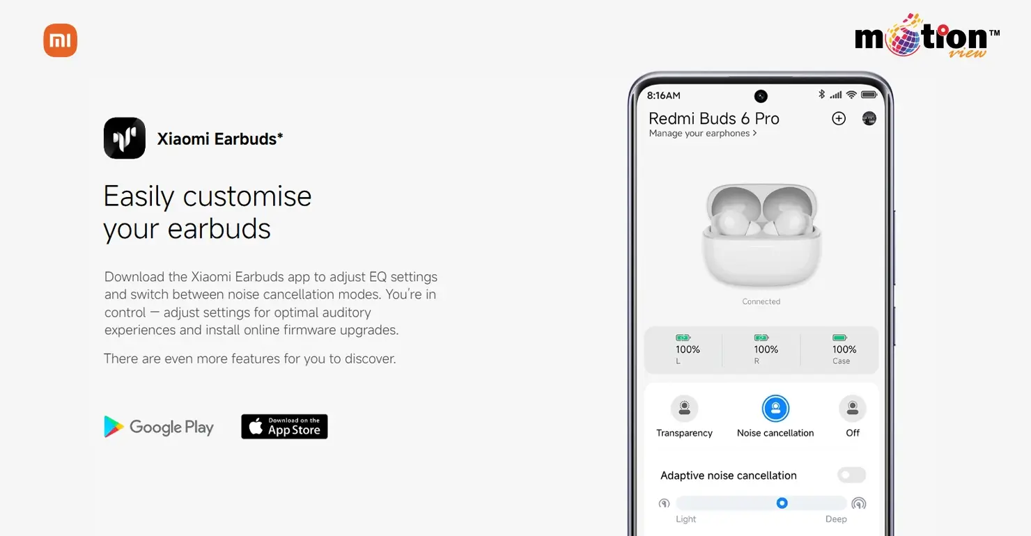 Xiaomi Earbuds app dashboard on a smartphone for EQ customization and firmware upgrades.