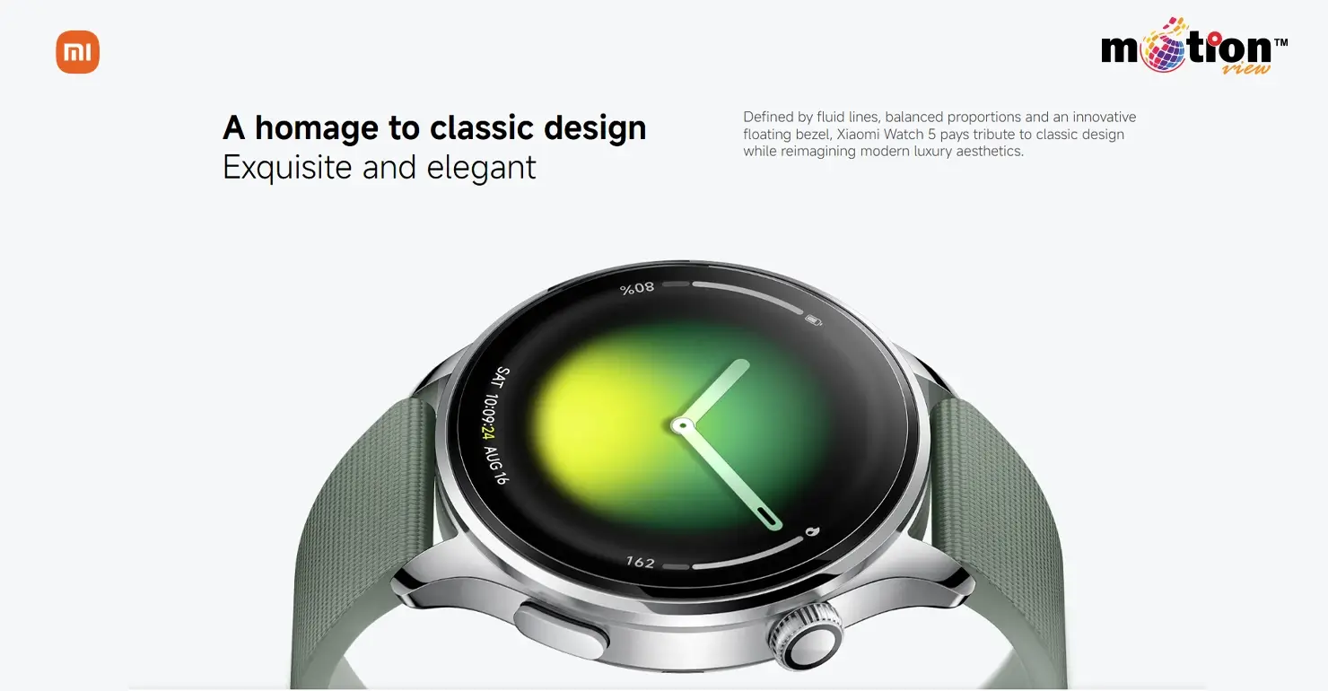 Close-up of Xiaomi Watch 5 elegant classic design with floating bezel and premium silver metallic finish.