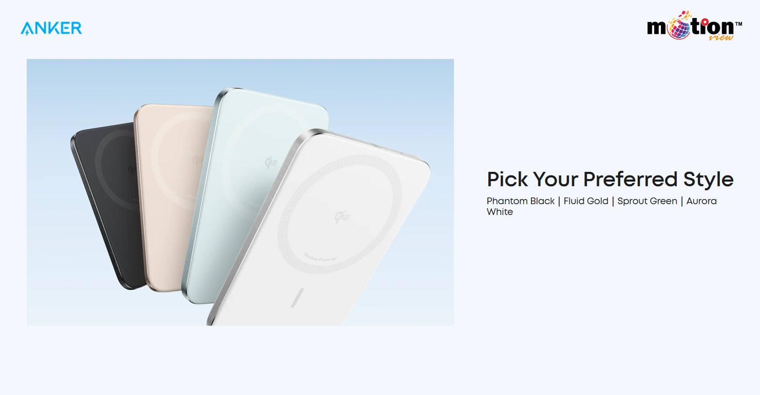 Anker Nano Slim power banks displayed in four available colors: Phantom Black, Fluid Gold, Sprout Green, and Aurora White.