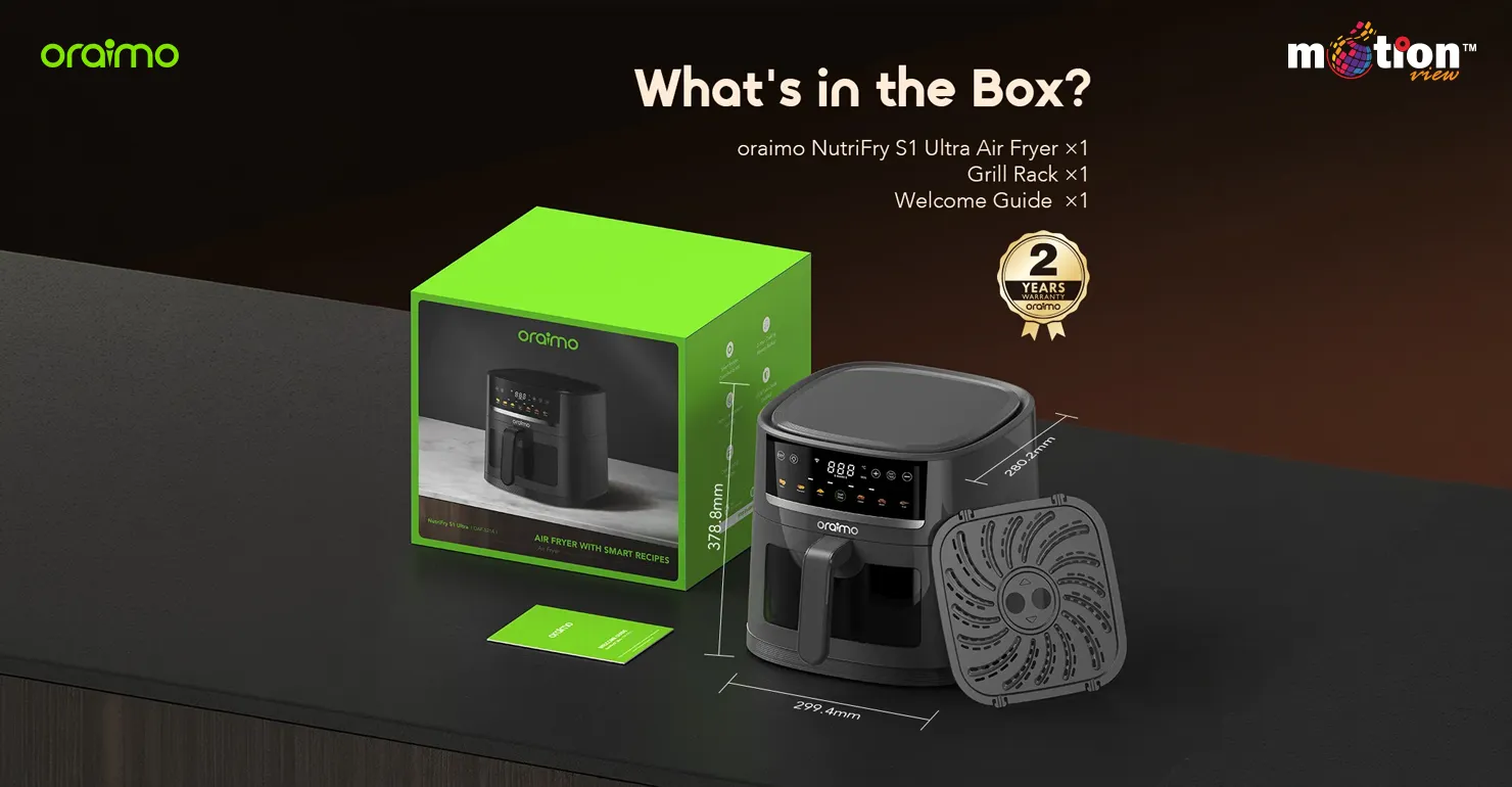 Unboxing layout of the Oraimo NutriFry S1 Ultra showing the 6L air fryer with dimensions, the green branded packaging box, a grill rack, welcome guide, and a 2-year warranty badge.