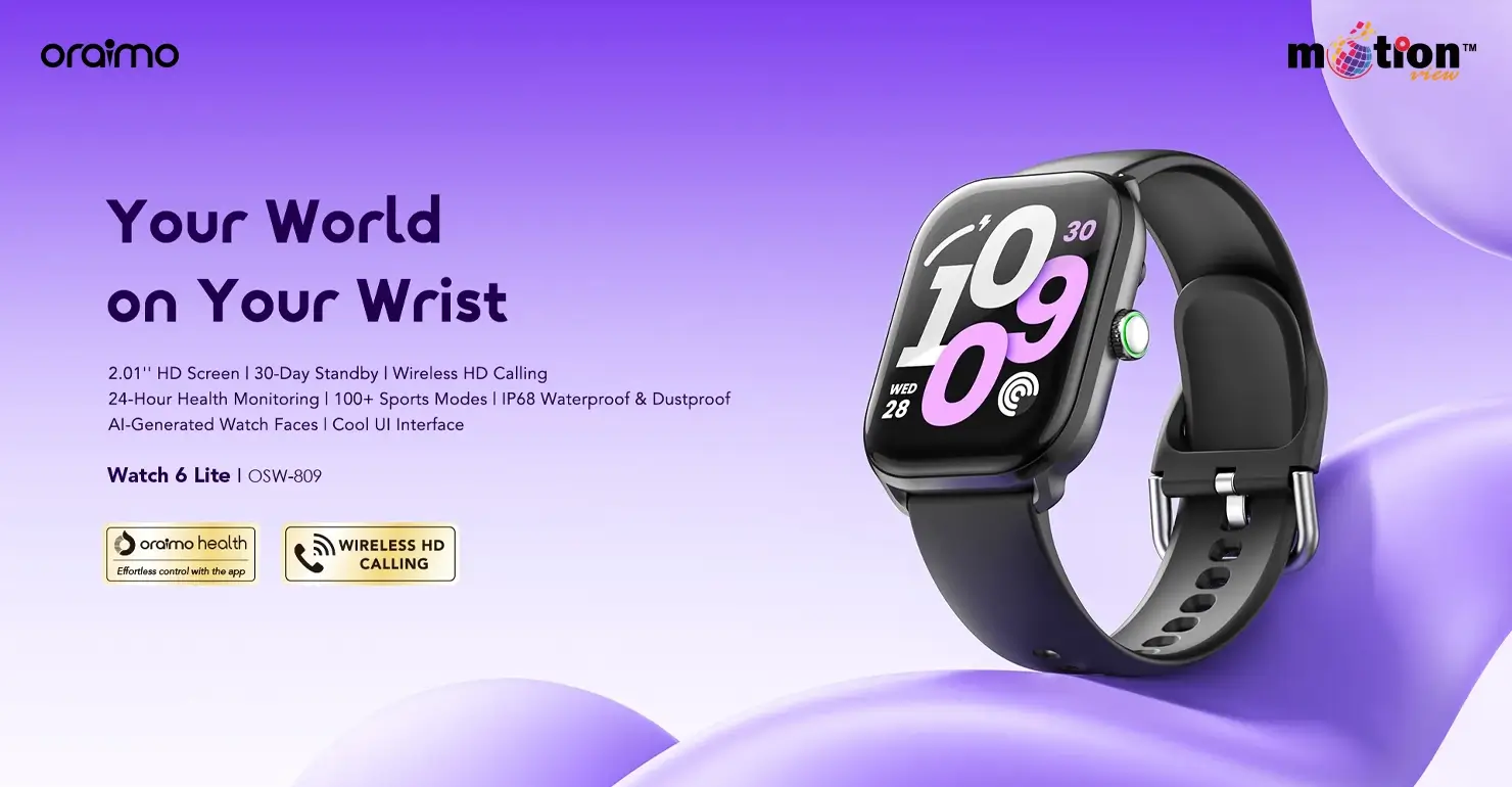oraimo Watch 6 Lite OSW-809 Smart Watch showcasing its 2.01-inch HD screen and core features on a vibrant purple background