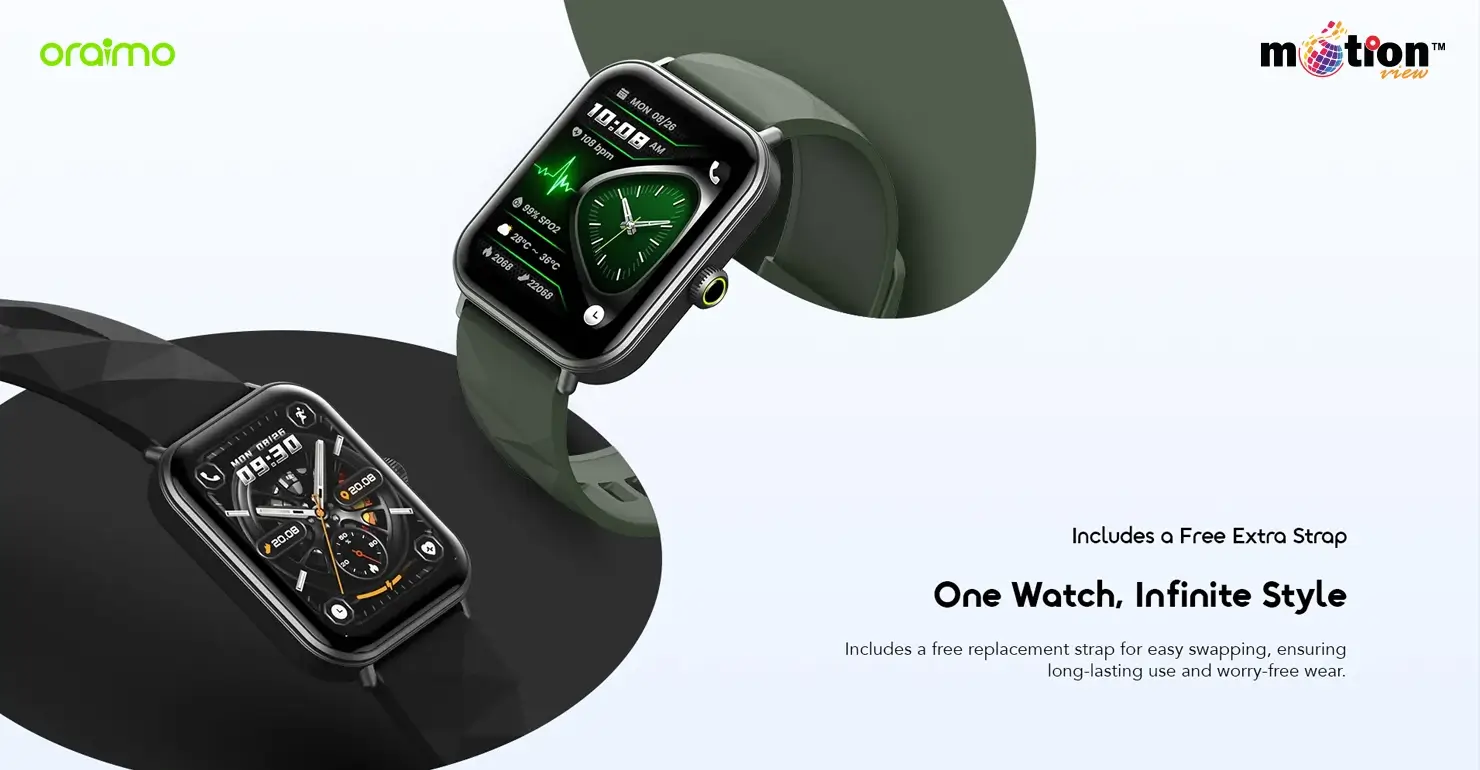 oraimo Watch Nova 2 Lite OSW-814L smartwatches showcasing the stylish patterned black strap and the included free extra green strap