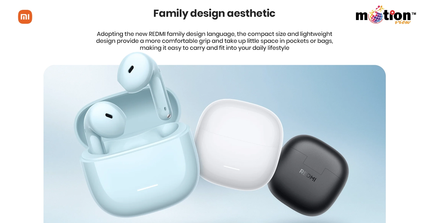 Compact and lightweight family design aesthetic of Redmi Buds 8 Active charging cases in multiple colors.