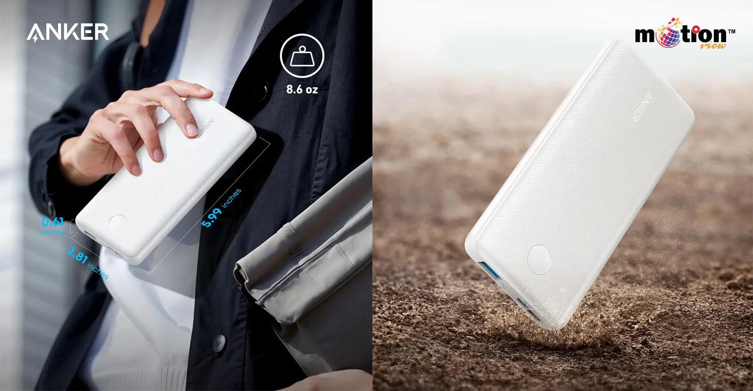 A person sliding the slim, lightweight Anker 313 PowerCore 10K Power Bank into a jacket pocket, highlighting its highly portable 0.61-inch thin and 8.6 oz design