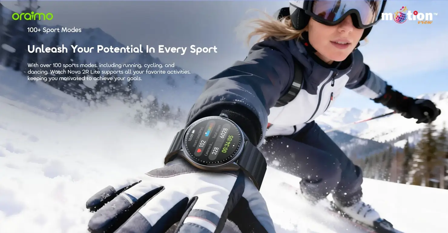 Snowboarder using the oraimo Watch Nova 2R Lite OSW-824 to track activity data with one of its 100+ built-in sport modes