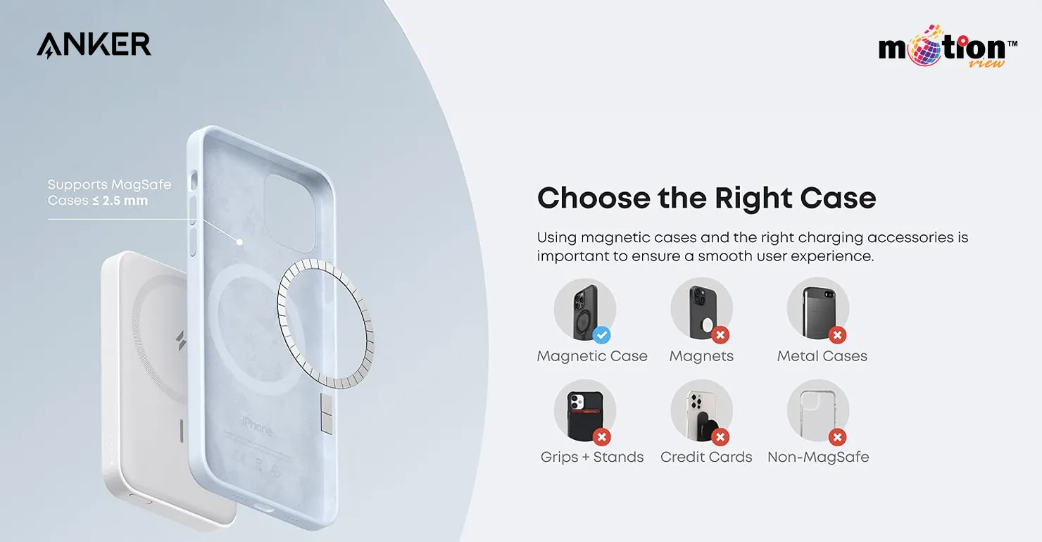 Case compatibility guide for the Anker 622 MagGo Magnetic Battery recommending MagSafe cases under 2.5mm and warning against metal cases, grips, or credit cards