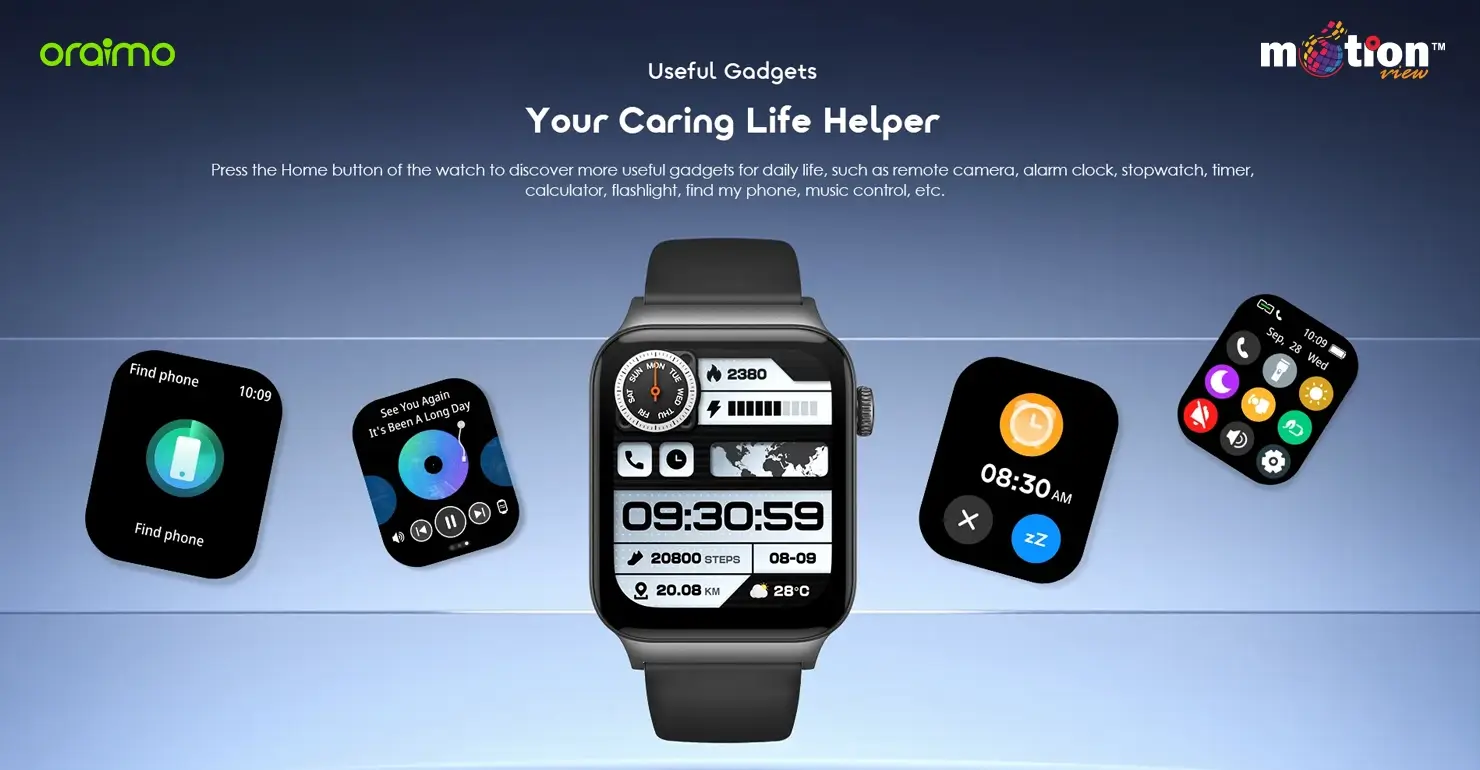 Useful everyday gadgets on the oraimo Watch 6 Max OSW-8001N including find phone, music controls, alarm clock, and quick settings