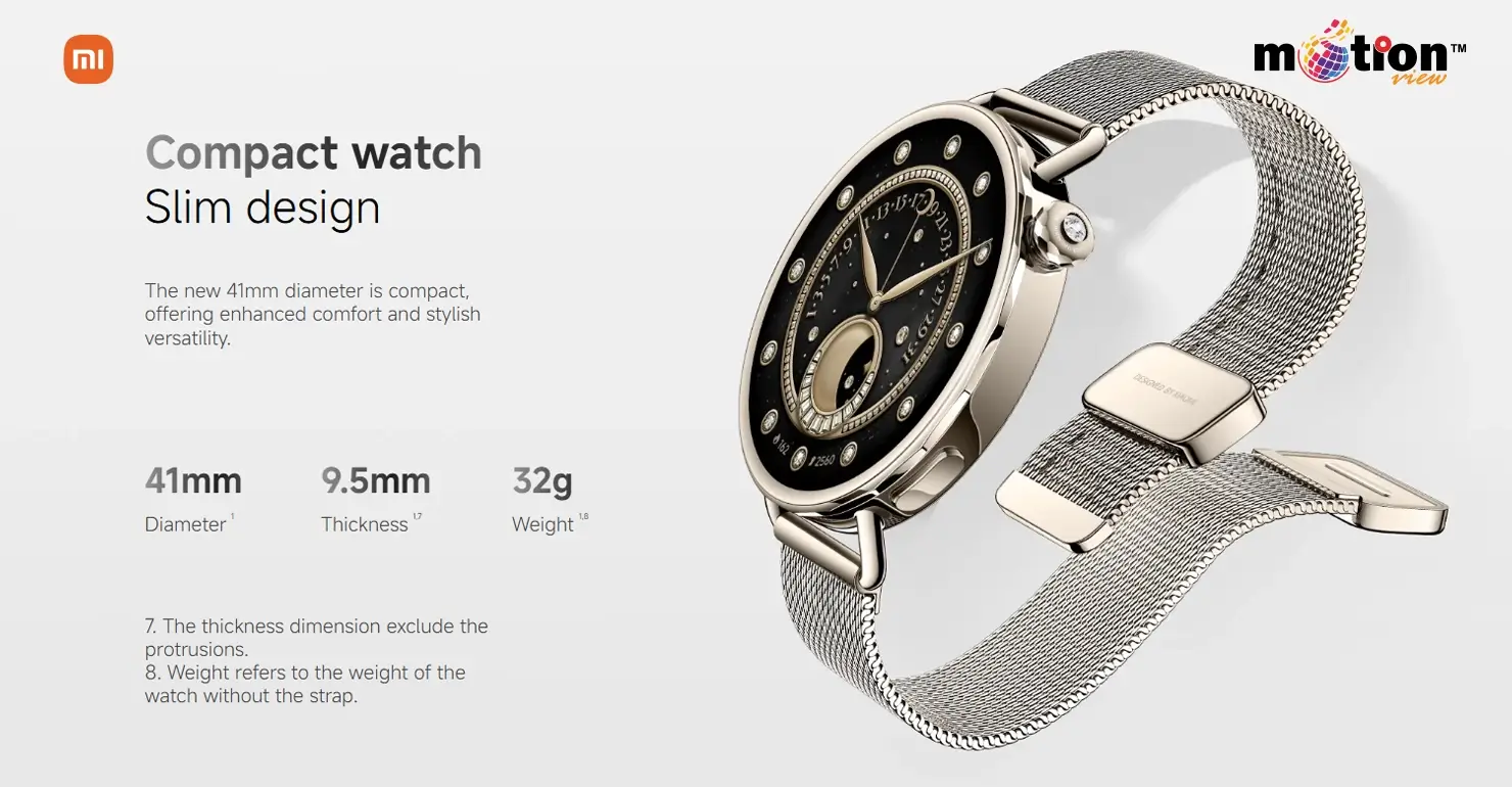Slim profile of the Xiaomi Watch S4 41mm Smart Watch featuring a 9.5mm thickness and 32g lightweight design.