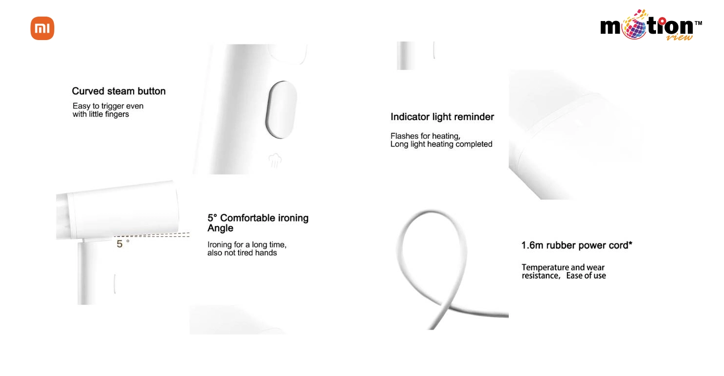 Product feature infographic highlighting the 5-degree comfortable ironing angle, curved steam button, indicator light reminder, and 1.6m rubber power cord.