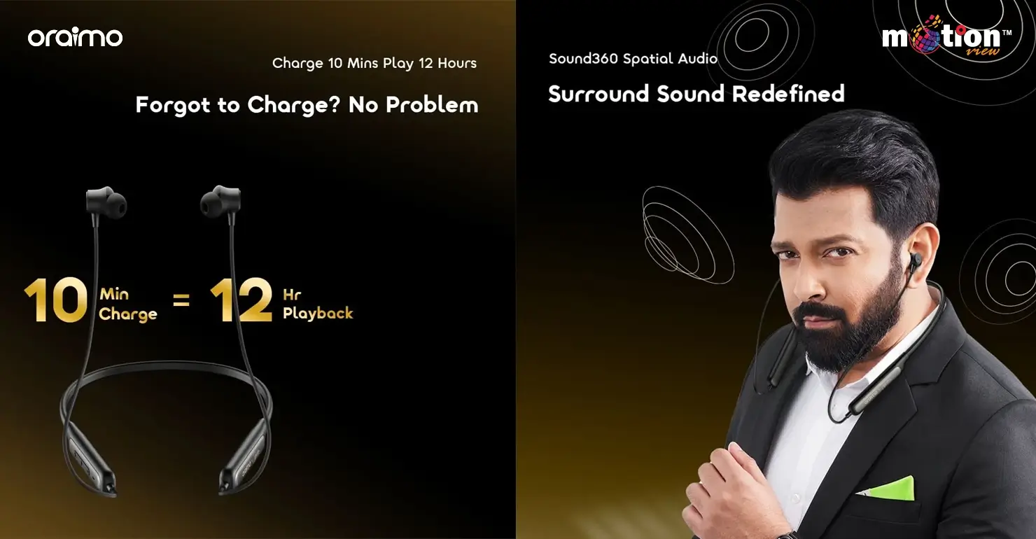 Graphic illustrating oraimo Necklace 5 10-minute fast charge and Sound360 Spatial Audio.