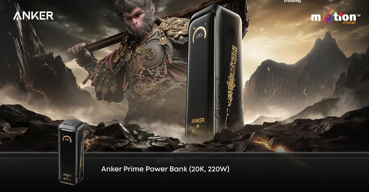 Epic promotional art for the Anker Prime 20K 220W Wukong Edition Power Bank, featuring the Monkey King character in armor alongside the custom black and gold power bank design