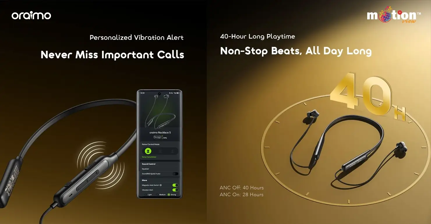 Graphic showing oraimo Necklace 5 personalized vibration alerts and up to 40-hour playtime.