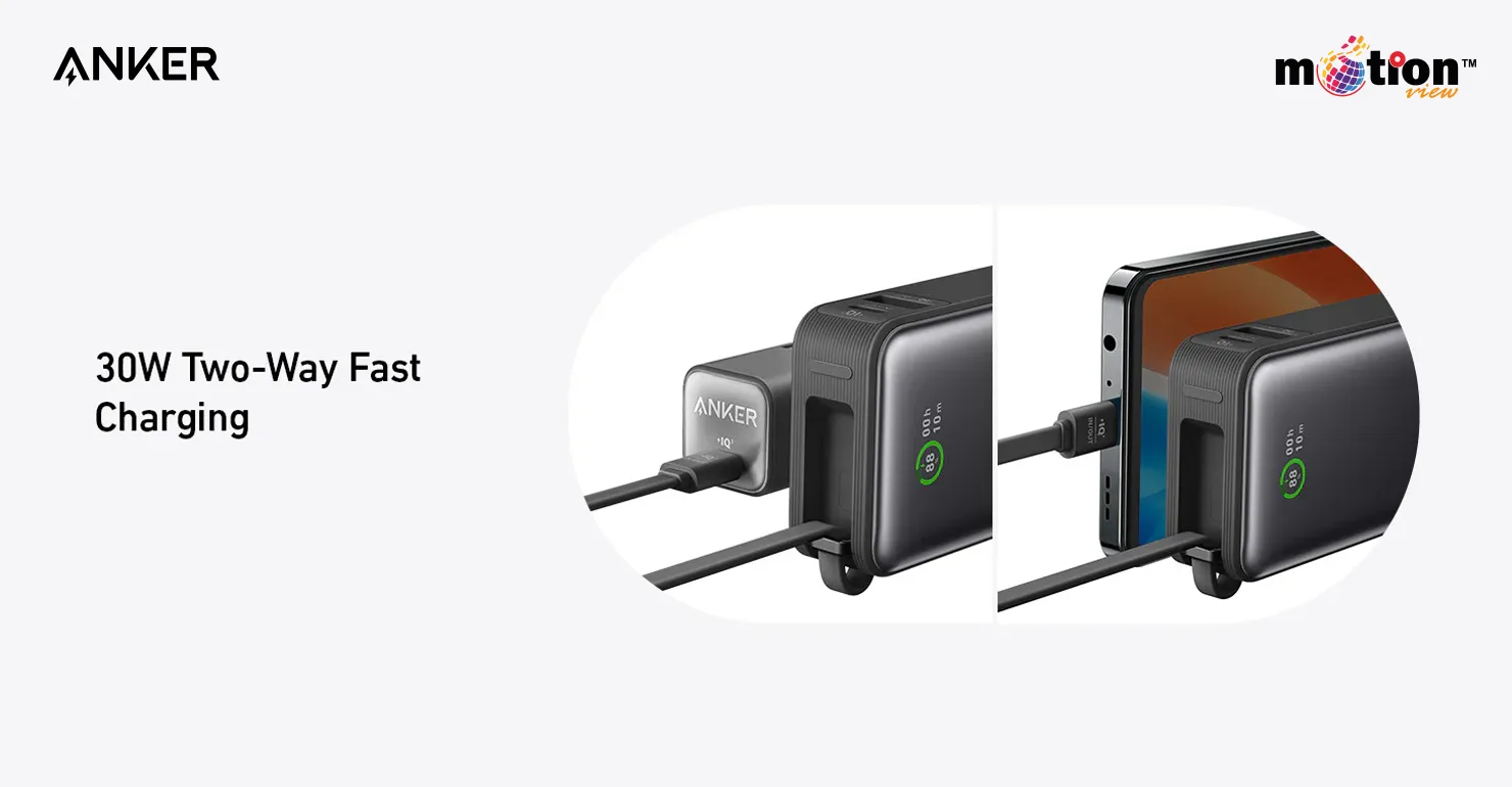 Close-up of the Anker Nano 10K demonstrating 30W two-way fast charging capabilities with a wall adapter and smartphone