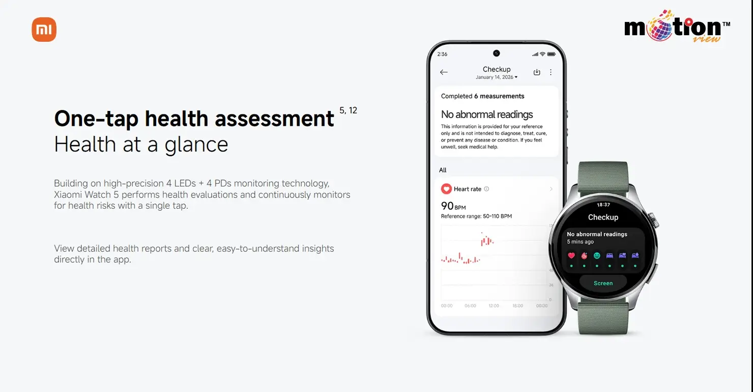 One-tap health assessment on Xiaomi Watch 5 showing heart rate monitoring and detailed health reports on a smartphone.