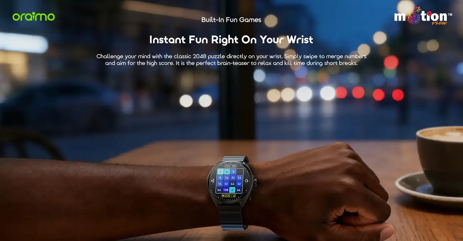 Person playing the classic 2048 puzzle game directly on the screen of the oraimo Watch Nova 2R Lite OSW-824 smartwatch