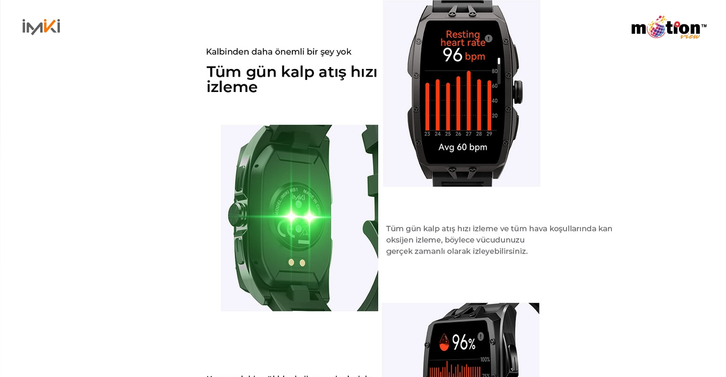 IMIKI MB1 smartwatch back sensor illuminating green and its resting heart rate monitoring interface.