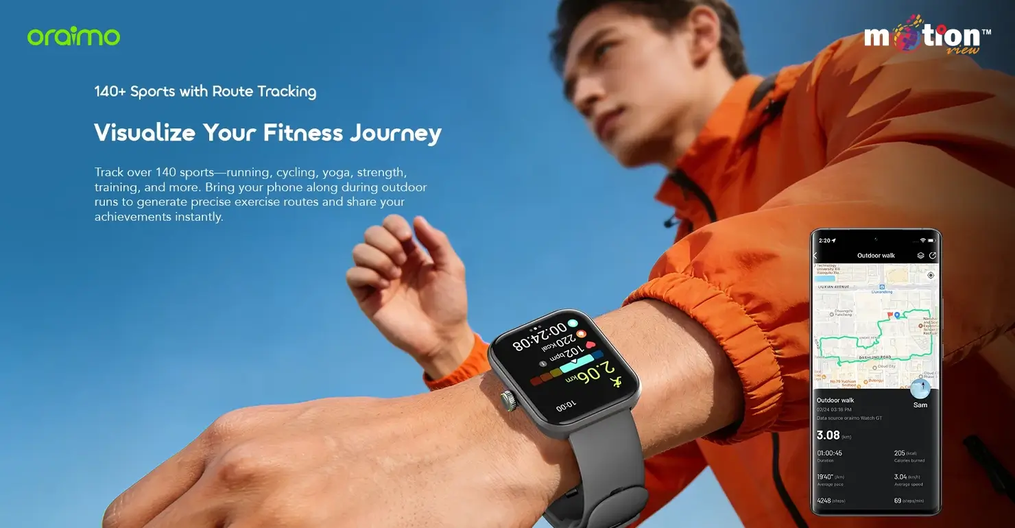 Runner tracking fitness data and generating a GPS route map using the 140+ sports modes on the oraimo Watch Nova 2N OSW-815N