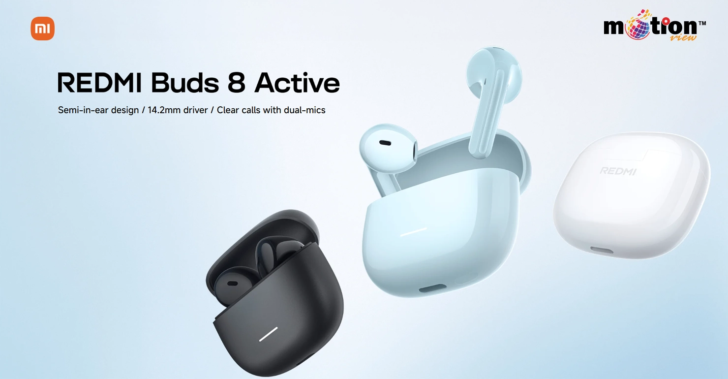 Redmi Buds 8 Active wireless earbuds in Black, Blue, and White featuring a semi-in-ear design and 14.2mm driver.