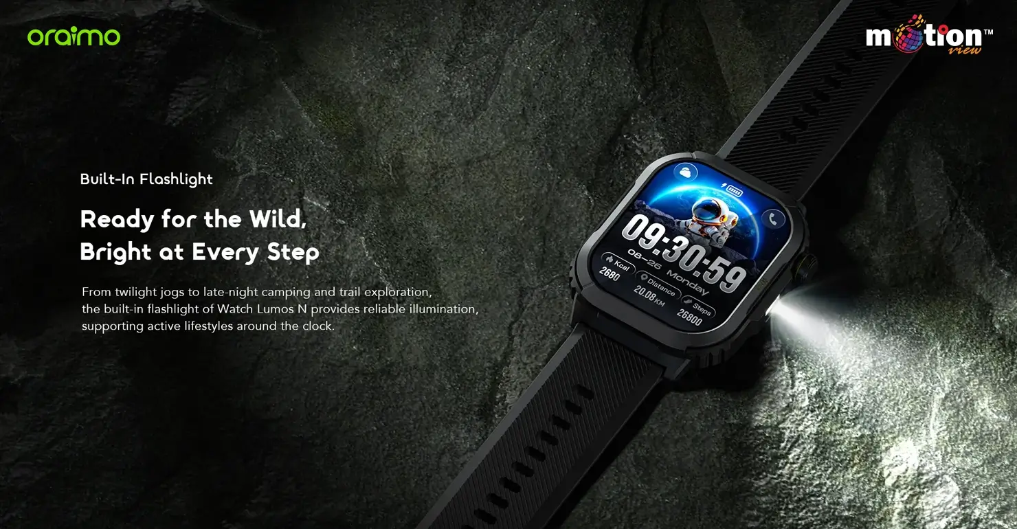 oraimo Watch Lumos N OSW-808N smartwatch illuminating a dark rocky surface using its bright built-in flashlight feature