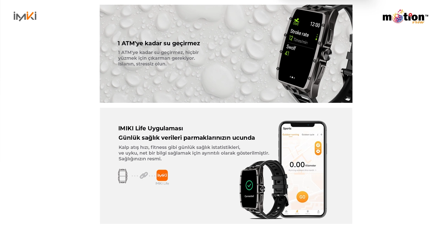 IMIKI MB1 smartwatch showing 1 ATM water resistance and IMIKI Life App smartphone integration.