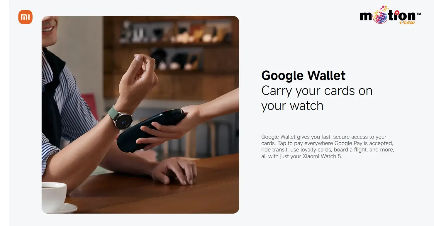 Person using Google Wallet on Xiaomi Watch 5 to make a secure contactless payment at a coffee shop terminal.