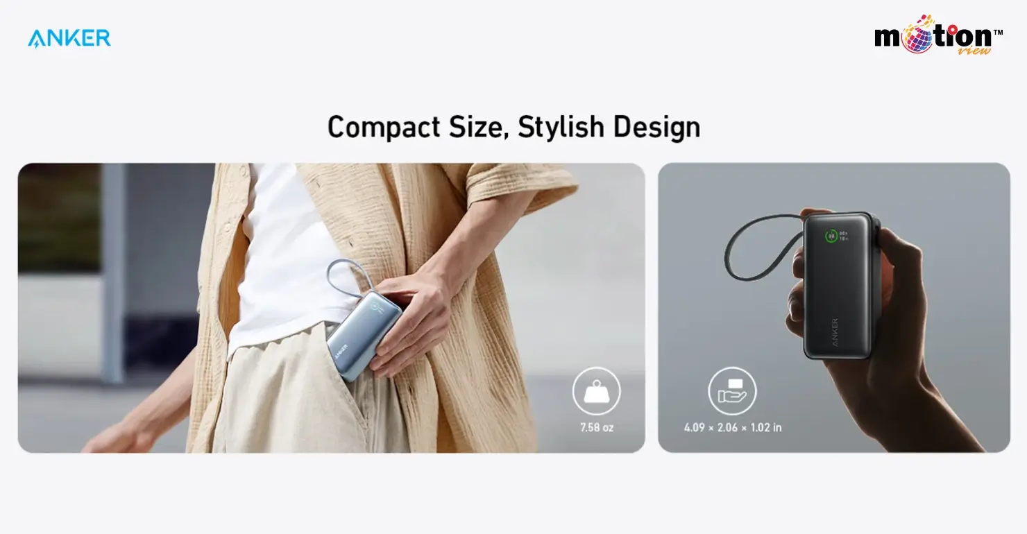 Compact and lightweight Anker Nano 30W Power Bank being held in hand and tucked into a pocket to show its portable size.