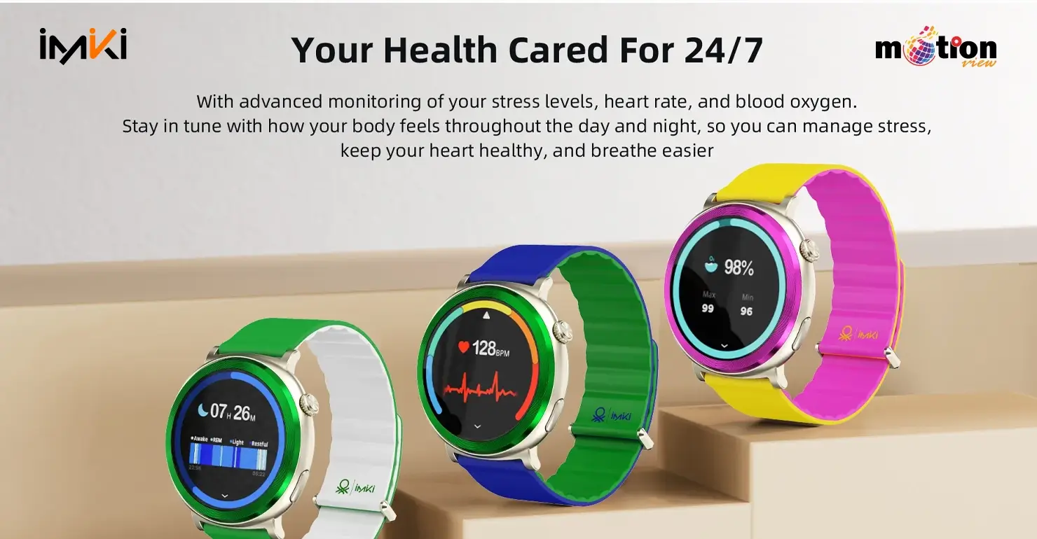 Three imiki HOLO 2 smartwatches showing continuous health tracking for sleep, heart rate, and blood oxygen